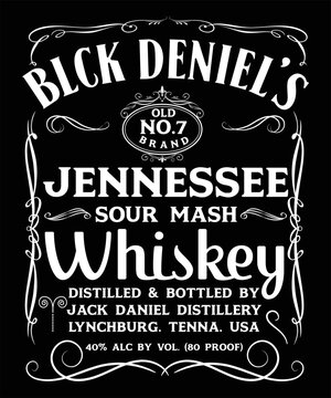 BLACK DENIEL'S OLD NO7 BRAND JENNESSEE SOUR MASH WHISKEY DISTILLED & BOTTLED BY JACK DANIEL DISTILLERY LYNCHBURG.TENNA. USA 40% ALC BY VOL.(80 PROOF) T-SHIRT DESIGN