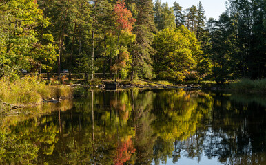 Calm lake reflection in a beautiful sunrise. Farnebofjarden national park in north of Sweden.