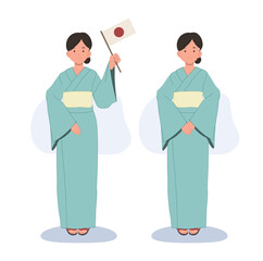 woman wearing traditional Japanese summer clothing, YUKATA. Japanese woman holding Japan flag. Vector illustration.