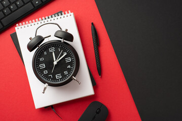 Cyber monday concept. Top view photo of alarm clock keyboard computer mouse notepads and pen on...