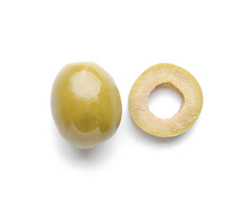 Tasty green olive and slice on white background