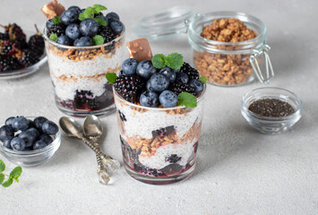 Chia pudding with blueberry and blackberry in two glass on gray background, Concept of healthy...