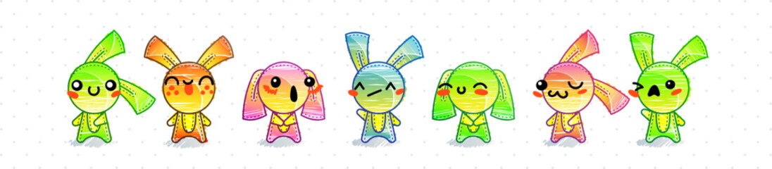 Raimbow Rabbits. Emoticons, doodle faces, eyes and mouth. Caricature comic expressive emotions, smiling, crying and surprised character face expressions