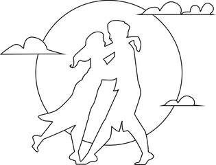 couple sunset line pencil drawing vector. love man, woman happy, romance beach, romantic summer, together two silhouette couple sunset character. people Illustration