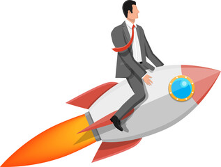 Successful businessman flying on rocket