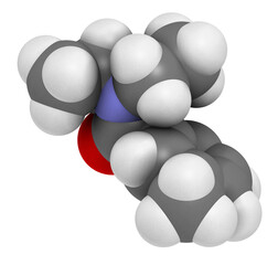 DEET (diethyltoluamide, N,N-Diethyl-meta-toluamide) insect repellent molecule. 3D rendering. Atoms are represented as spheres with conventional color coding