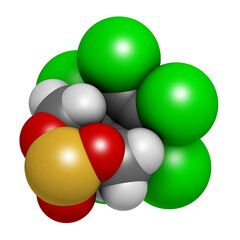Endosulfan insecticide molecule. Banned in many countries due to toxicity. 3D rendering. Atoms are represented as spheres with conventional color coding