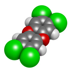 TCDD polychlorinated dibenzodioxin pollutant molecule (commonly called dioxin). Byproduct formed during incineration of chlorine-containing materials. 3D rendering. 