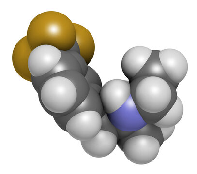 Fenfluramine weight loss drug molecule (withdrawn). 3D rendering. Atoms are represented as spheres with conventional color coding