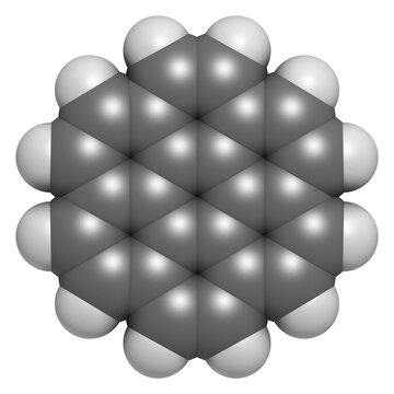 Coronene polyaromatic hydrocarbon (PAH) molecule. 3D rendering. Atoms are represented as spheres with conventional color coding
