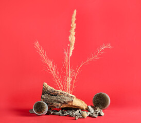 Kenzans for ikebana with tree bark, plant branches and rocks on red background