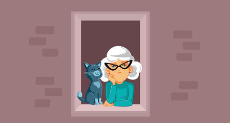Sad Lonely Lady Alongside Her Cat Looking Outside Vector Cartoon. Stressed granny feeling alone, sorrowful and desperate 
