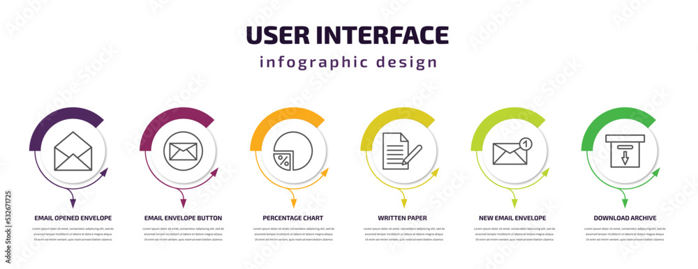 Poster user interface infographic template with icons and 6 step or option. user interface icons such as em