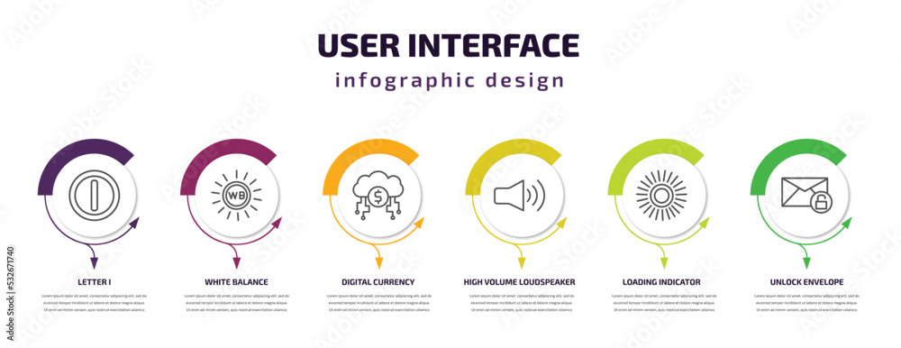 Poster user interface infographic template with icons and 6 step or option. user interface icons such as le