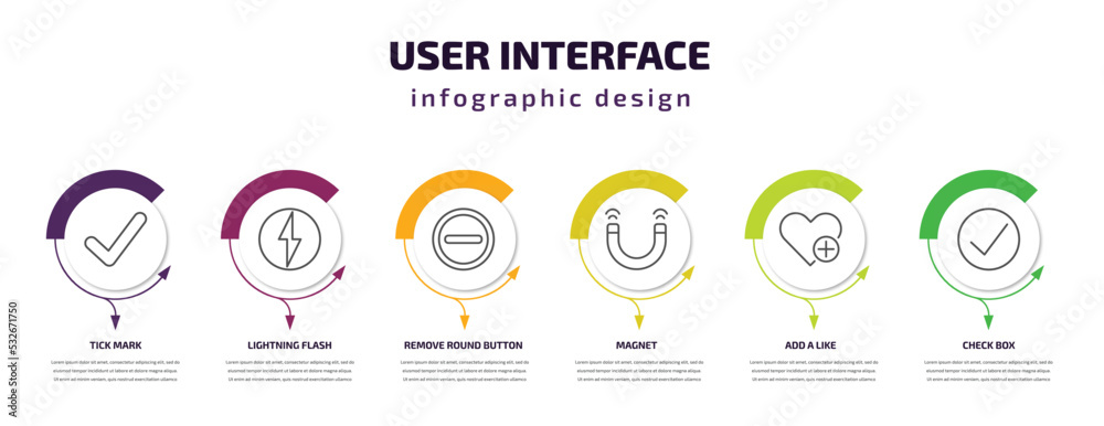 Poster user interface infographic template with icons and 6 step or option. user interface icons such as ti