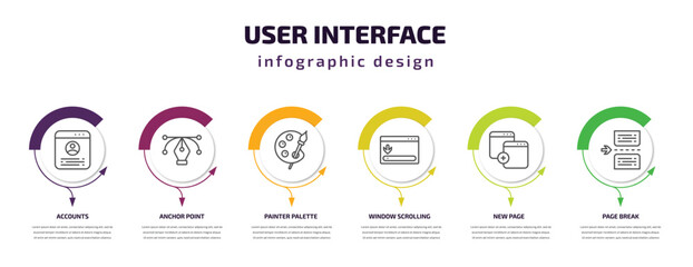 user interface infographic template with icons and 6 step or option. user interface icons such as accounts, anchor point, painter palette, window scrolling right, new page, page break vector. can be