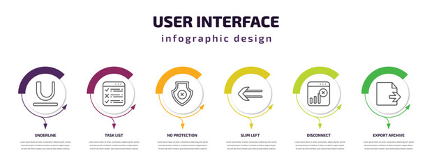 user interface infographic template with icons and 6 step or option. user interface icons such as underline, task list, no protection, slim left, disconnect, export archive vector. can be used for