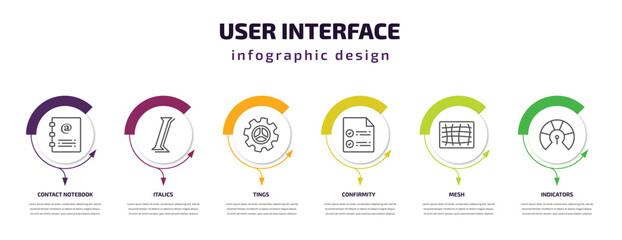 user interface infographic template with icons and 6 step or option. user interface icons such as contact notebook, italics, tings, confirmity, mesh, indicators vector. can be used for banner, info