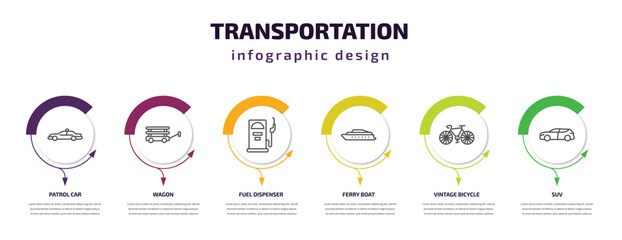 transportation infographic template with icons and 6 step or option. transportation icons such as patrol car, wagon, fuel dispenser, ferry boat, vintage bicycle, suv vector. can be used for banner, © Farahim