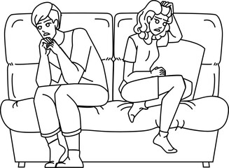 couple unhappy line pencil drawing vector. woman man relationship, young problem, sad home, upset divorce, argument husband couple unhappy character. people Illustration