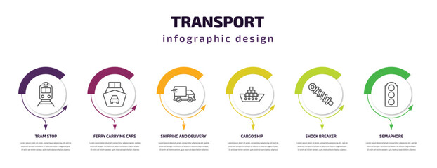 Fototapeta premium transport infographic template with icons and 6 step or option. transport icons such as tram stop, ferry carrying cars, shipping and delivery, cargo ship, shock breaker, semaphore vector. can be