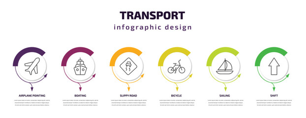 transport infographic template with icons and 6 step or option. transport icons such as airplane pointing up, boating, slippy road, bicycle, sailing, shift vector. can be used for banner, info
