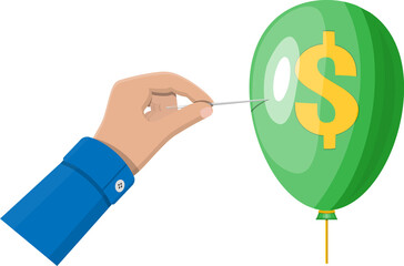 Hand with needle pierces balloon with dollar sign