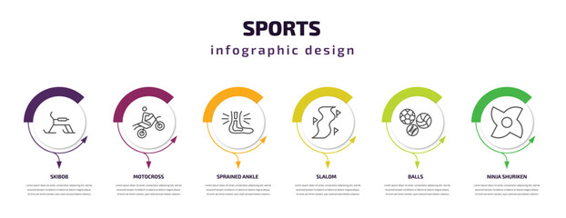 sports infographic template with icons and 6 step or option. sports icons such as skibob, motocross, sprained ankle, slalom, balls, ninja shuriken vector. can be used for banner, info graph, web,