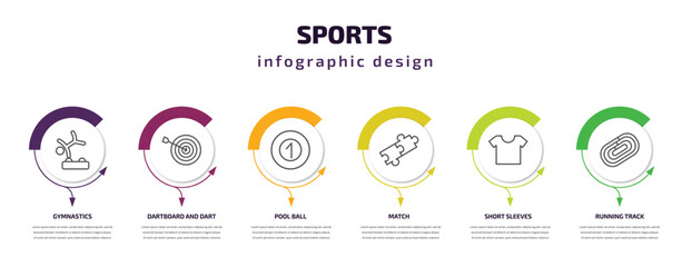 sports infographic template with icons and 6 step or option. sports icons such as gymnastics, dartboard and dart, pool ball, match, short sleeves, running track vector. can be used for banner, info