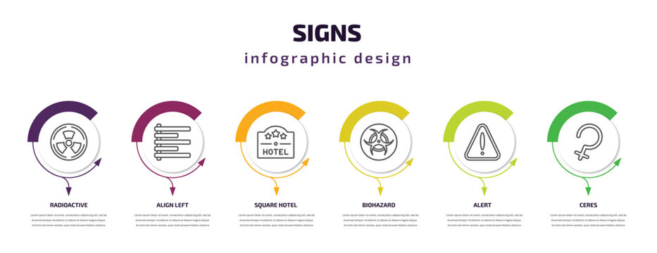 Signs Infographic Template With Icons And 6 Step Or Option. Signs Icons Such As Radioactive, Align Left, Square Hotel, Biohazard, Alert, Ceres Vector. Can Be Used For Banner, Info Graph, Web,