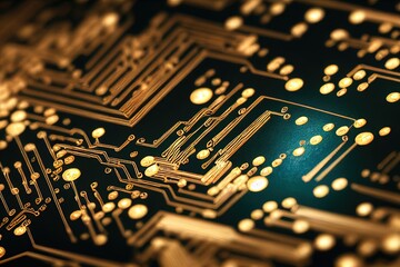 Closeup Macro photo-like digital illustration of circuitry from a motherboard