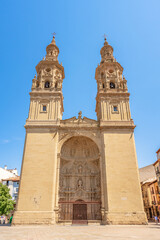 Logroño, Spain. 08.05.2022 Beautiful town square with a majestic cathedral. Santa María de la Redonda church  located in the very heart of the old town