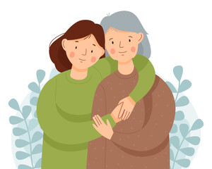 Mothers Day. An adult daughter and an old mother embrace each other. 