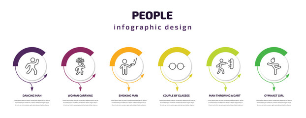 people infographic template with icons and 6 step or option. people icons such as dancing man, woman carrying, smoking man, couple of glasses, man throwing a dart, gymnast girl vector. can be used