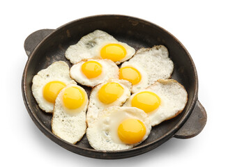 Frying pan with tasty fried quail eggs isolated on white background, closeup