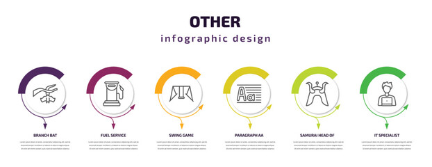other infographic template with icons and 6 step or option. other icons such as branch bat, fuel service, swing game, paragraph aa, samurai head of japan, it specialist vector. can be used for