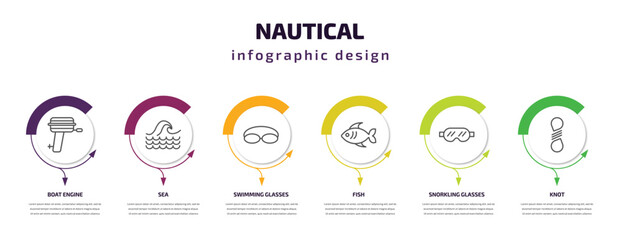 nautical infographic template with icons and 6 step or option. nautical icons such as boat engine, sea, swimming glasses, fish, snorkling glasses, knot vector. can be used for banner, info graph,