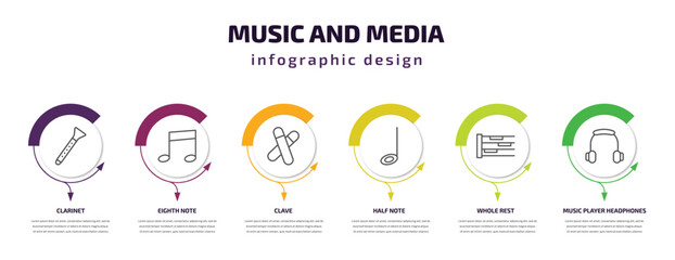 music and media infographic template with icons and 6 step or option. music and media icons such as clarinet, eighth note, clave, half note, whole rest, music player headphones vector. can be used