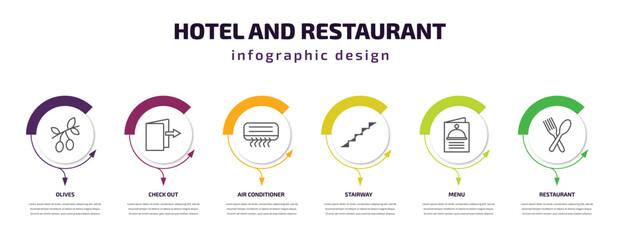 hotel and restaurant infographic template with icons and 6 step or option. hotel and restaurant icons such as olives, check out, air conditioner, stairway, menu, restaurant vector. can be used for