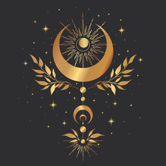 Magic gold crescent with sun. For print for T-shirts and bags, decor element. © Любовь Овсянникова