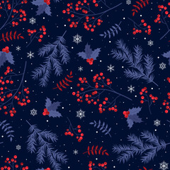 Fototapeta na wymiar Merry Christmas, Happy New Year seamless pattern with branches, leaves and berries for greeting cards, wrapping papers. Seamless winter pattern. Vector illustration.