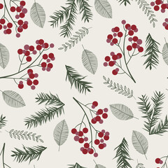 Merry Christmas, Happy New Year seamless pattern with branches, leaves and berries for greeting cards, wrapping papers. Seamless winter pattern. Vector illustration.