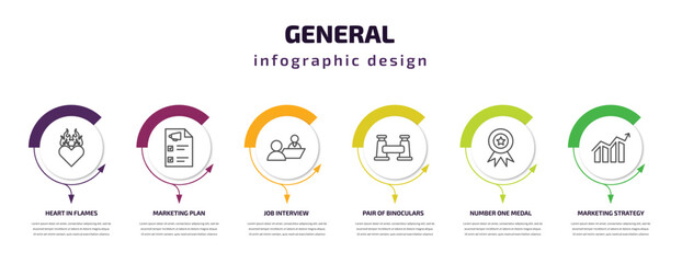 general infographic template with icons and 6 step or option. general icons such as heart in flames, marketing plan, job interview, pair of binoculars, number one medal, marketing strategy vector.