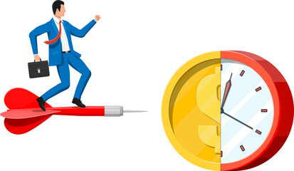 Businessman aim dart to gold coin clocks target.