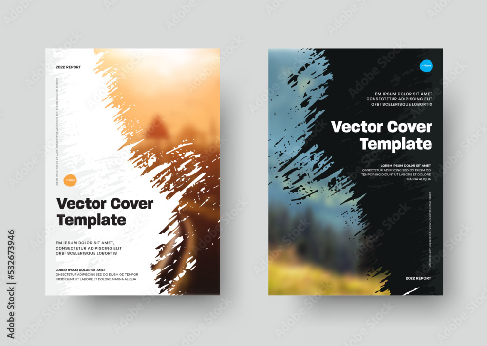 Poster vector cover template with diadonal grunge elements for photo. report design in white and black. set