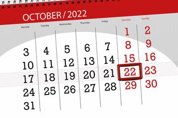 Calendar 2022, deadline, day, month, page, organizer, date, october, saturday, number 22