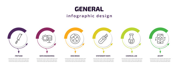 general infographic template with icons and 6 step or option. general icons such as fretsaw, data engineering, disk brake, stationery knife, chemical lab, ar app vector. can be used for banner, info