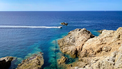 View of cliffs from the Tower of Omigna (Torra d'Omigna) - ruined Genoese tower in Carg&egrave;se - on amazing island of Corsica