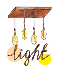 Watercolor illustration of light bulbs in vintage style in loft style on a wooden boardan, inscription light, interior