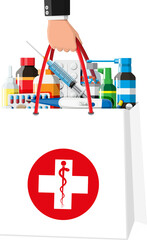 Set of bottles, tablets, pills, pharmacy delivery
